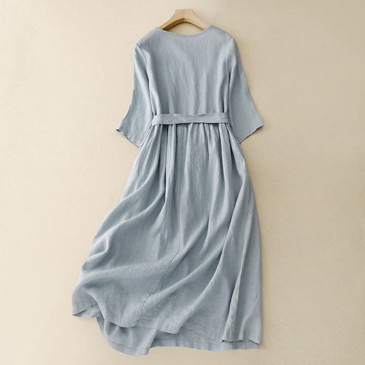 Buddha Stones Casual Plain Crew Neck Lace-up Half Sleeve Cotton Linen Midi Dress With Pockets - image 8