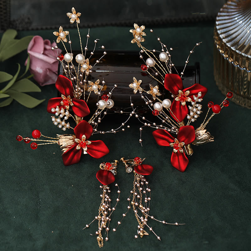 Buddha Stones Chinese Wedding Bridal Red Flower Branche Pearl Hair Clip Set - Alloy Hair Clip Set - image 0