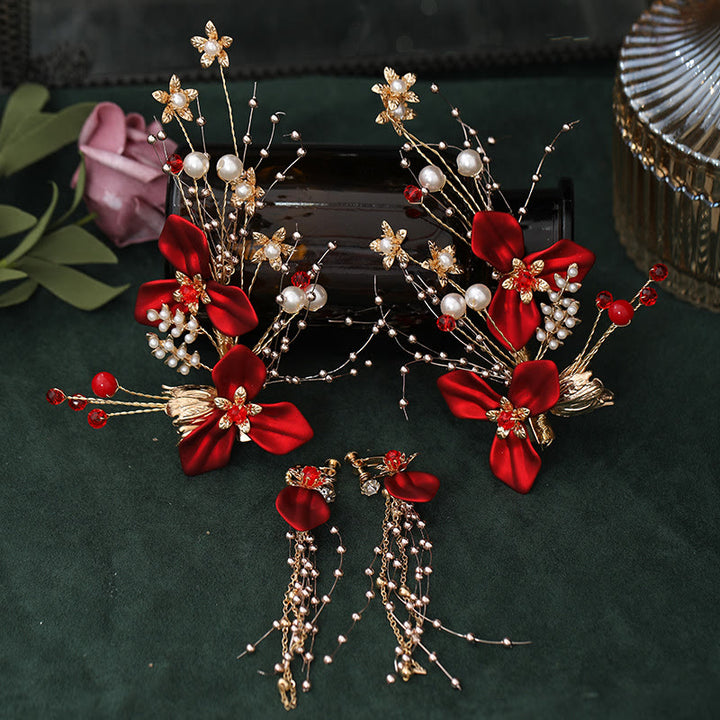 Buddha Stones Chinese Wedding Bridal Red Flower Branche Pearl Hair Clip Set - Alloy Hair Clip Set - image 0
