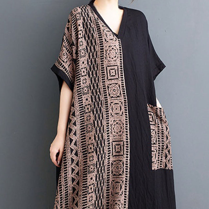 Buddha Stones Casual Loose Printing Dyeing Cotton Linen V-neck Half Sleeve Design Midi Dress With Pockets - image 5