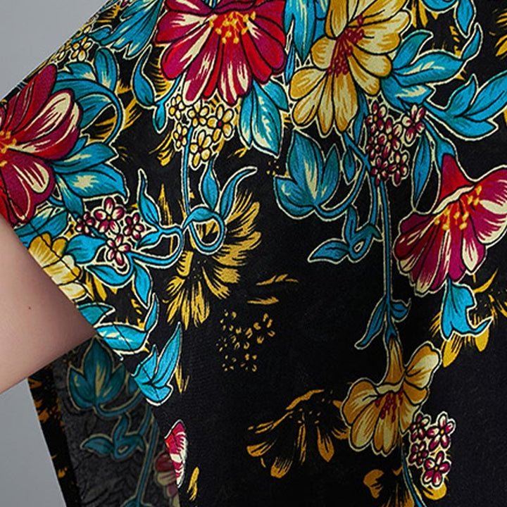 Buddha Stones Casual Loose Printing Flower Pattern V-Neck Half Sleeve Design Polyester Midi Dress With Pockets - image 11