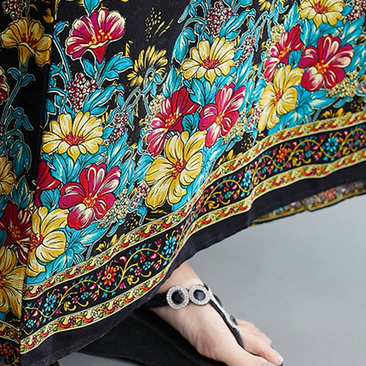 Buddha Stones Casual Loose Printing Flower Pattern V-Neck Half Sleeve Design Polyester Midi Dress With Pockets - image 9