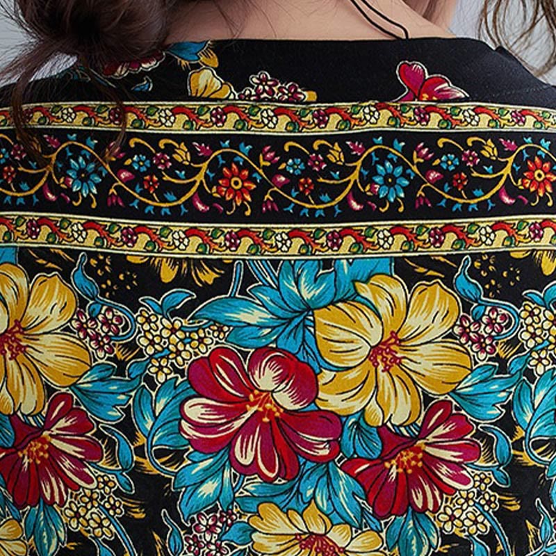 Buddha Stones Casual Loose Printing Flower Pattern V-Neck Half Sleeve Design Polyester Midi Dress With Pockets - image 10