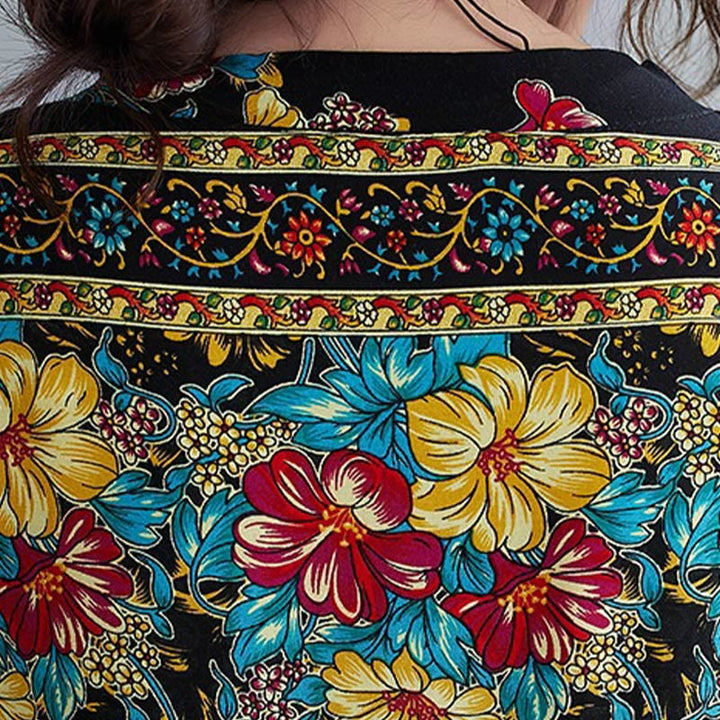 Buddha Stones Casual Loose Printing Flower Pattern V-Neck Half Sleeve Design Polyester Midi Dress With Pockets - image 10