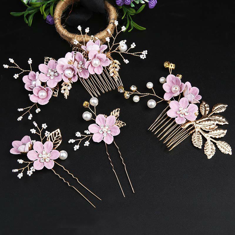 Buddha Stones 4Pcs Handmade Wedding Golden Leaf Flower Pearl Hairpin Hair Comb Set - Purple 4Pcs Set - image 16