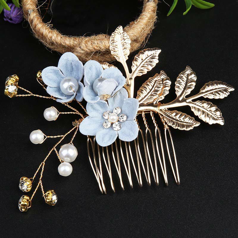Buddha Stones 4Pcs Handmade Wedding Golden Leaf Flower Pearl Hairpin Hair Comb Set - image 7