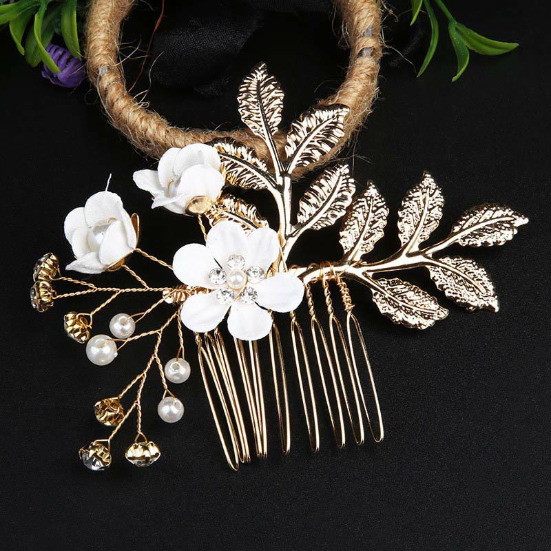Buddha Stones 4Pcs Handmade Wedding Golden Leaf Flower Pearl Hairpin Hair Comb Set - image 13