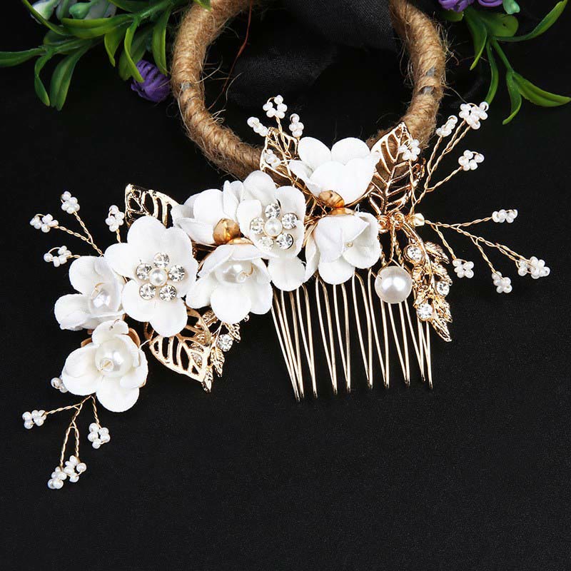 Buddha Stones 4Pcs Handmade Wedding Golden Leaf Flower Pearl Hairpin Hair Comb Set - image 12