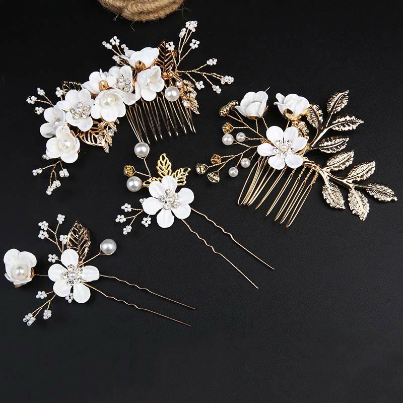 Buddha Stones 4Pcs Handmade Wedding Golden Leaf Flower Pearl Hairpin Hair Comb Set - White 4Pcs Set - image 11