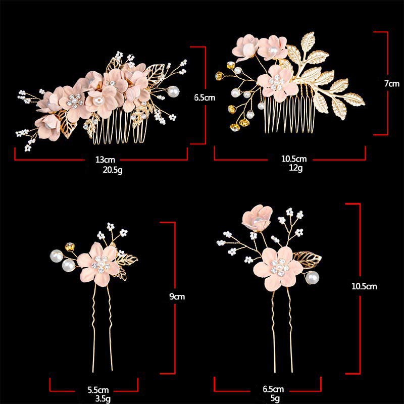 Buddha Stones 4Pcs Handmade Wedding Golden Leaf Flower Pearl Hairpin Hair Comb Set - image 5