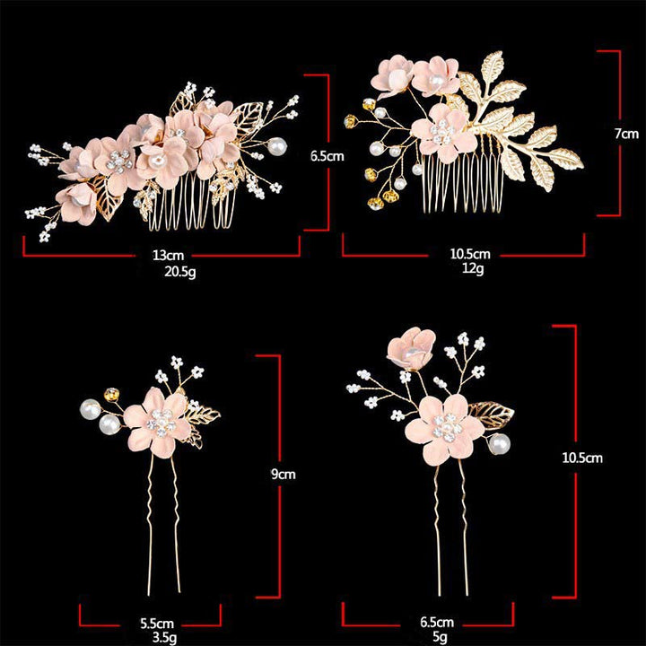 Buddha Stones 4Pcs Handmade Wedding Golden Leaf Flower Pearl Hairpin Hair Comb Set - image 5