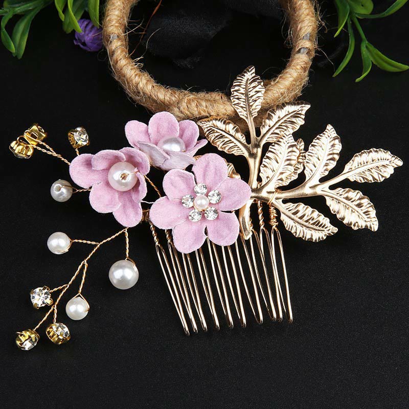 Buddha Stones 4Pcs Handmade Wedding Golden Leaf Flower Pearl Hairpin Hair Comb Set - image 17