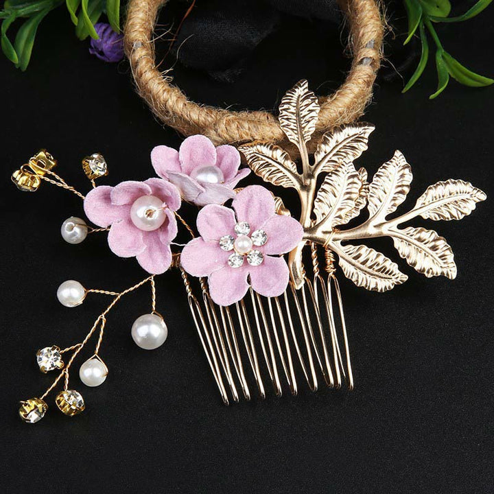 Buddha Stones 4Pcs Handmade Wedding Golden Leaf Flower Pearl Hairpin Hair Comb Set - image 17