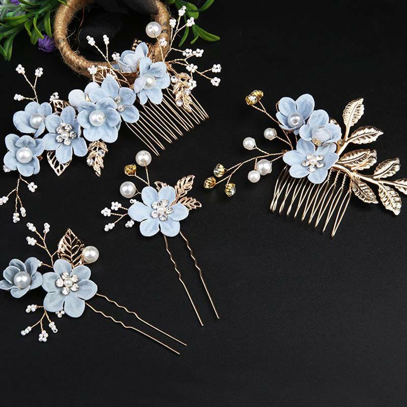 Buddha Stones 4Pcs Handmade Wedding Golden Leaf Flower Pearl Hairpin Hair Comb Set - Blue 4Pcs Set - image 6