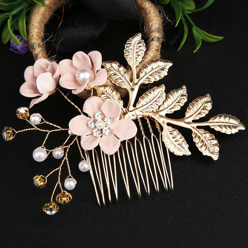 Buddha Stones 4Pcs Handmade Wedding Golden Leaf Flower Pearl Hairpin Hair Comb Set - image 2