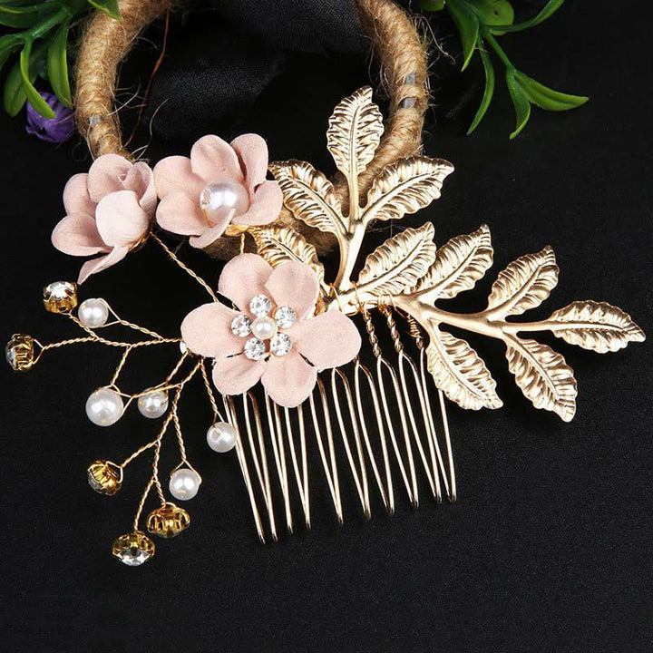 Buddha Stones 4Pcs Handmade Wedding Golden Leaf Flower Pearl Hairpin Hair Comb Set - image 2