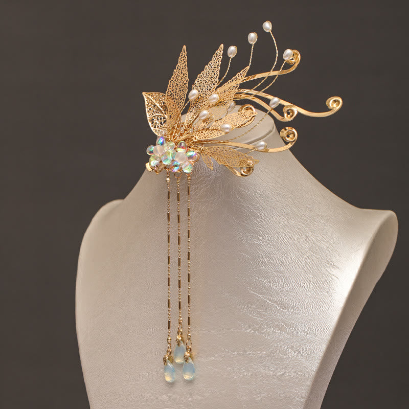 Buddha Stones Traditional Chinese Golden Leaf Flower Tassel Hair Clip - image 3