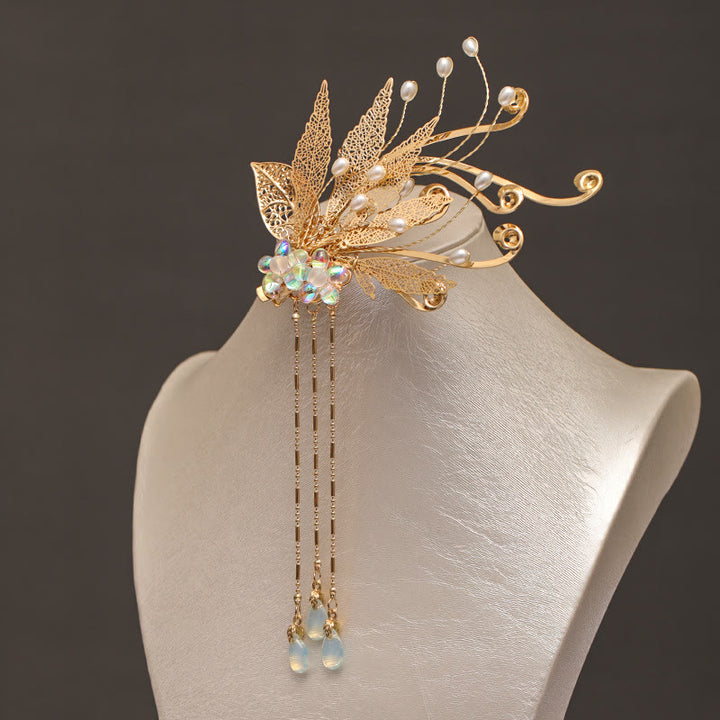 Buddha Stones Traditional Chinese Golden Leaf Flower Tassel Hair Clip - image 3