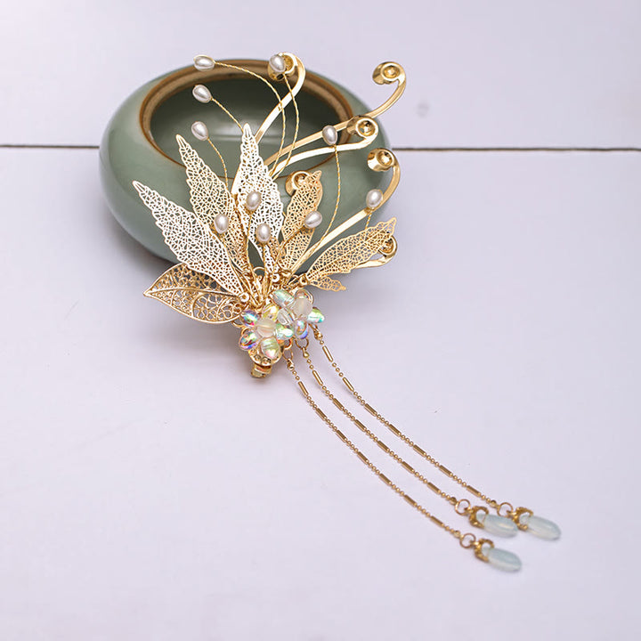 Buddha Stones Traditional Chinese Golden Leaf Flower Tassel Hair Clip - image 4