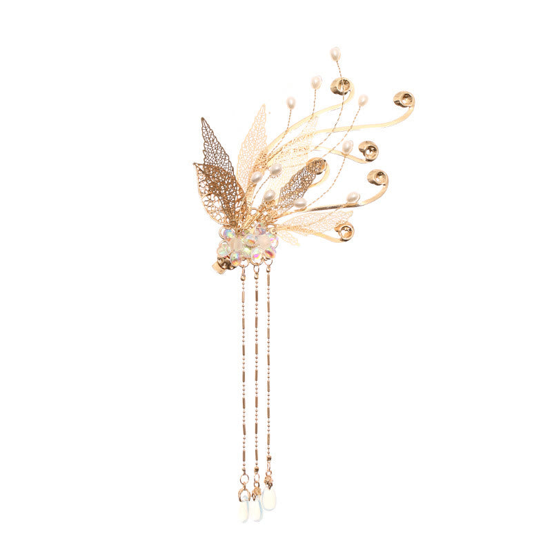 Buddha Stones Traditional Chinese Golden Leaf Flower Tassel Hair Clip - image 5