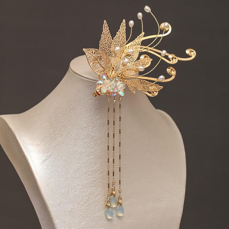 Buddha Stones Traditional Chinese Golden Leaf Flower Tassel Hair Clip - image 1