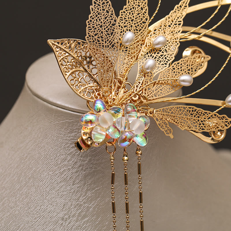 Buddha Stones Traditional Chinese Golden Leaf Flower Tassel Hair Clip - image 2