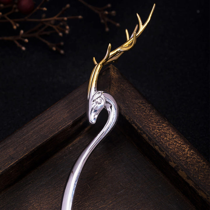 Buddha Stones 925 Sterling Silver Deer Antler Protection Hairpin - image 2