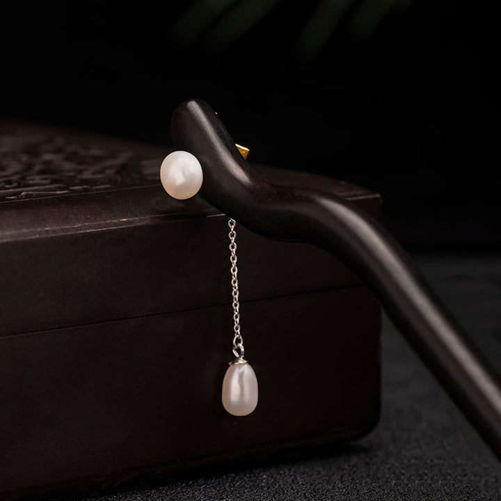 Buddha Stones 925 Sterling Silver Classical Chinese Style Ebony Lotus Flower Pearl Tassel Blessing Hairpin - image 8