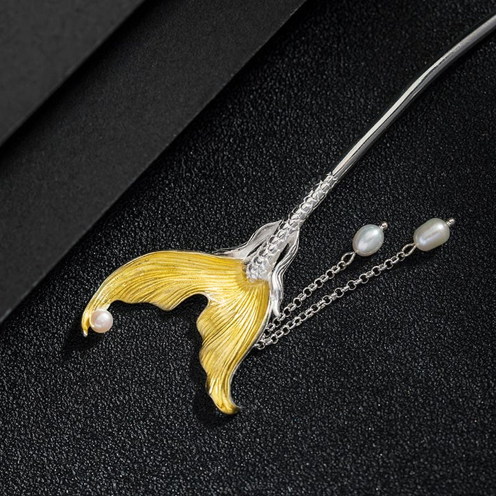 Buddha Stones 925 Sterling Silver Classical Chinese Style Fish Tail Pearl Tassel Calm Hairpin - image 6