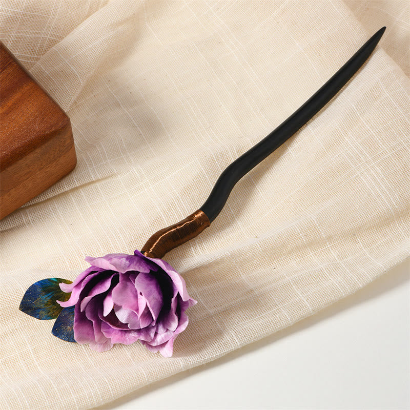Buddha Stones Intangible Cultural Heritage Craft Ebony Wood Silk Flower Butterfly Pearl Blessing Hairpin - Purple Flower Hairpin - image 7