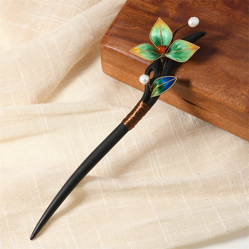 Buddha Stones Intangible Cultural Heritage Craft Ebony Wood Silk Flower Butterfly Pearl Blessing Hairpin - Green Leaf Hairpin - image 4