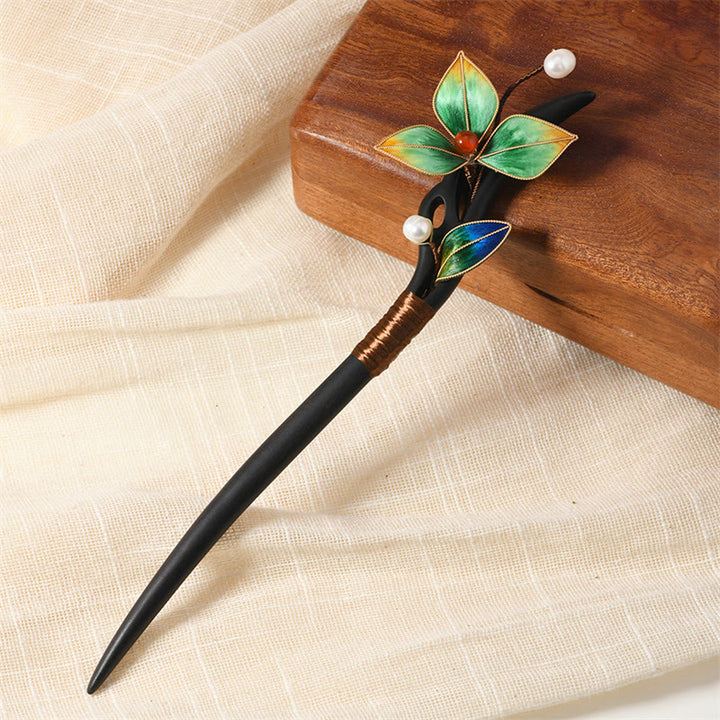 Buddha Stones Intangible Cultural Heritage Craft Ebony Wood Silk Flower Butterfly Pearl Blessing Hairpin - Green Leaf Hairpin - image 4