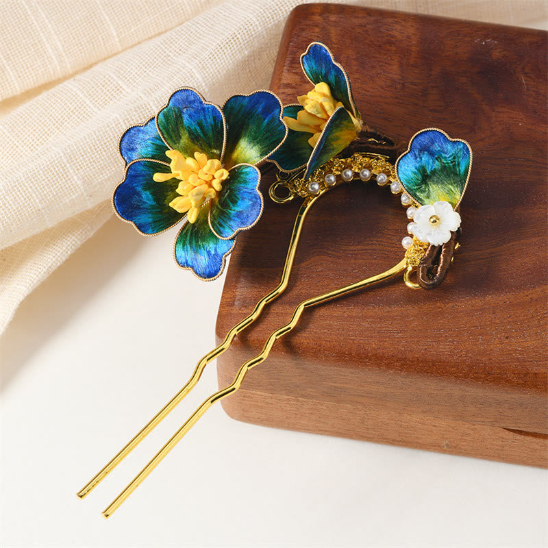 Buddha Stones Intangible Cultural Heritage Craft Ebony Wood Silk Flower Butterfly Pearl Blessing Hairpin - Blue Yellow Flower Hairpin - image 2