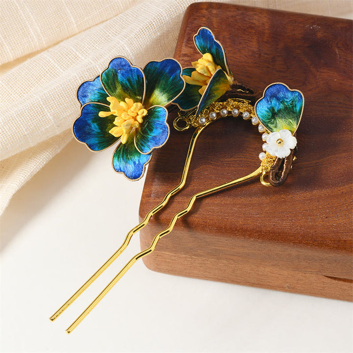 Buddha Stones Intangible Cultural Heritage Craft Ebony Wood Silk Flower Butterfly Pearl Blessing Hairpin - Blue Yellow Flower Hairpin - image 2
