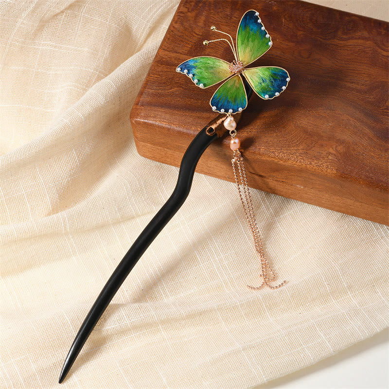 Buddha Stones Intangible Cultural Heritage Craft Ebony Wood Silk Flower Butterfly Pearl Blessing Hairpin - Green Butterfly Hairpin With Tassel - image 1