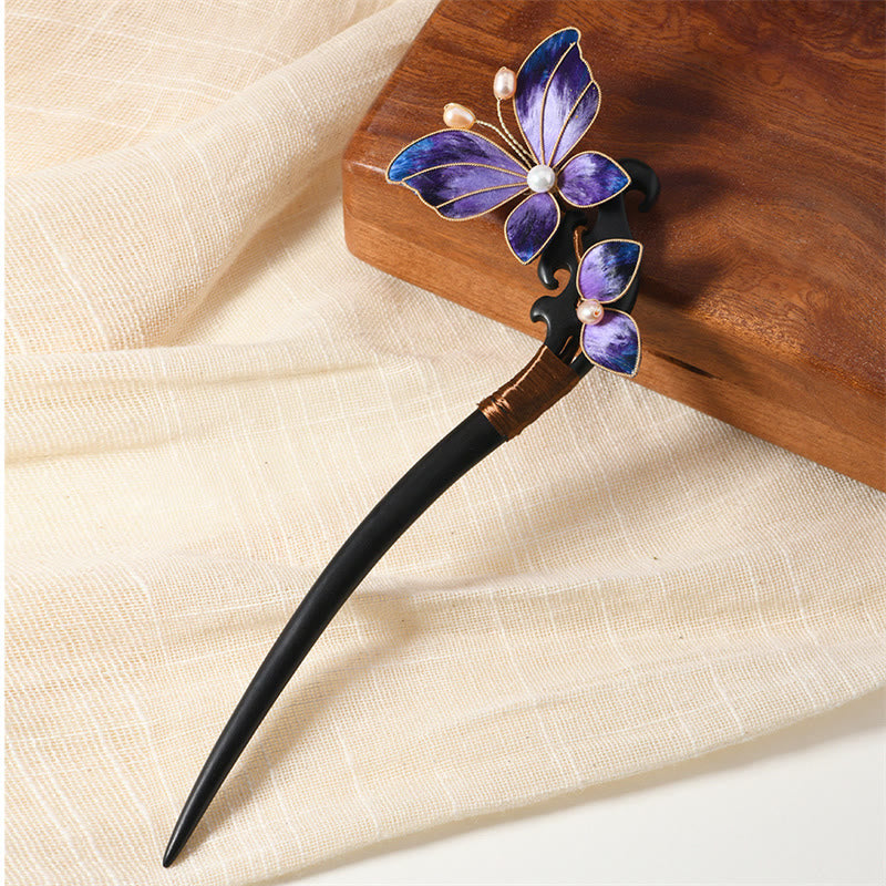 Buddha Stones Intangible Cultural Heritage Craft Ebony Wood Silk Flower Butterfly Pearl Blessing Hairpin - Purple Butterfly Hairpin - image 0