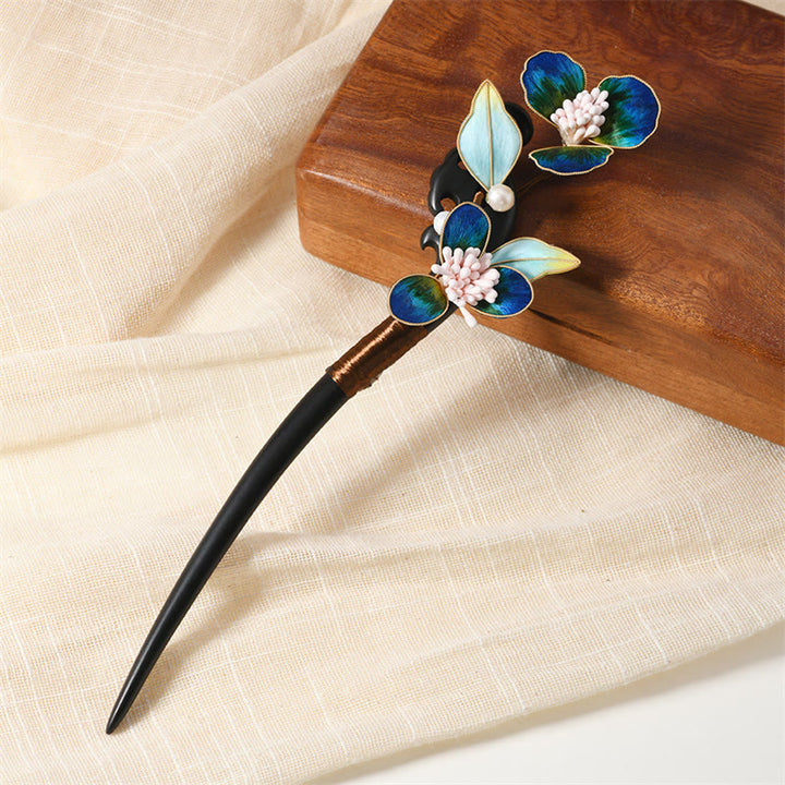 Buddha Stones Intangible Cultural Heritage Craft Ebony Wood Silk Flower Butterfly Pearl Blessing Hairpin - Blue Flower Hairpin - image 6