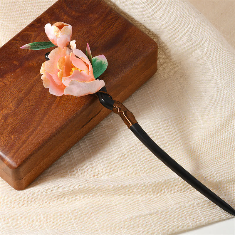 Buddha Stones Intangible Cultural Heritage Craft Ebony Wood Silk Flower Butterfly Pearl Blessing Hairpin - Pink Flower Hairpin - image 5