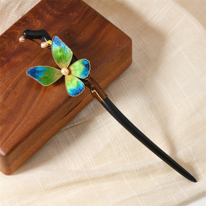 Buddha Stones Intangible Cultural Heritage Craft Ebony Wood Silk Flower Butterfly Pearl Blessing Hairpin - Green Butterfly Hairpin - image 3