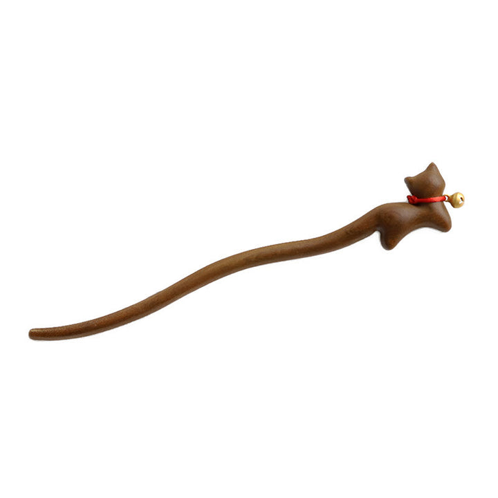 Buddha Stones Classical Chinese Style Cat-shaped Sandalwood Hairpin - image 4