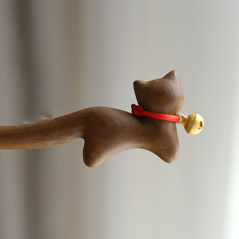 Buddha Stones Classical Chinese Style Cat-shaped Sandalwood Hairpin - image 3