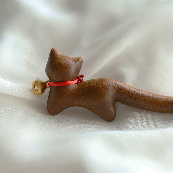 Buddha Stones Classical Chinese Style Cat-shaped Sandalwood Hairpin - image 2