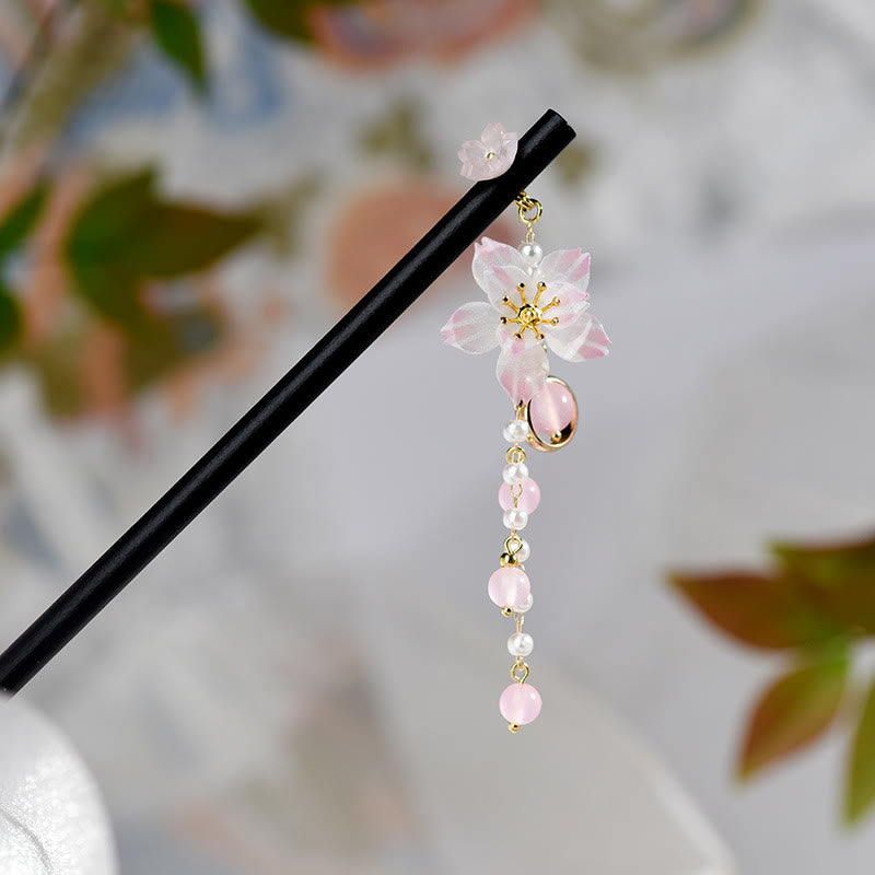 Buddha Stones Artistic Style Pear Blossom Tassel Wood Hairpin - image 2