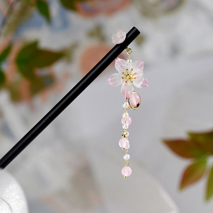 Buddha Stones Artistic Style Pear Blossom Tassel Wood Hairpin - image 2
