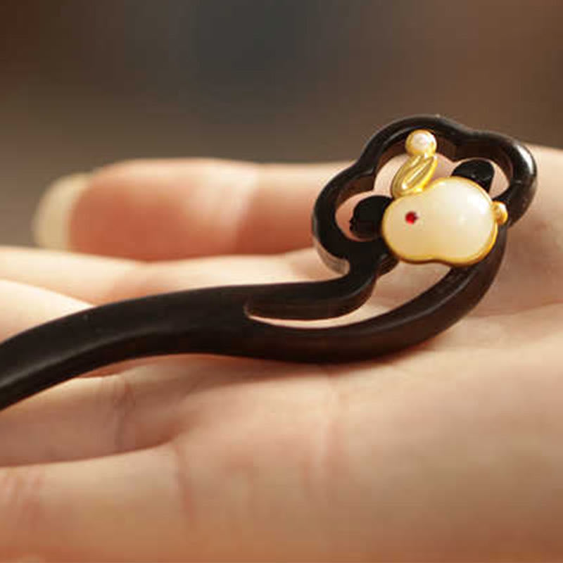 Buddha Stones Auspicious Cloud Sandalwood Rabbit Protection Hairpin - image 1