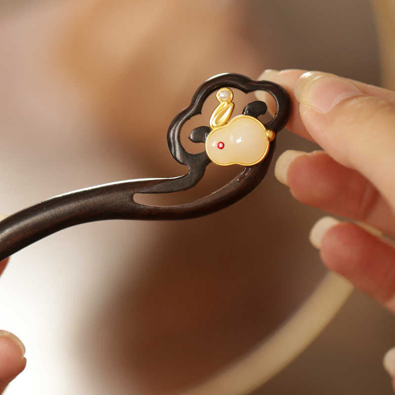 Buddha Stones Auspicious Cloud Sandalwood Rabbit Protection Hairpin - White Rabbit Auspicious Cloud - image 0