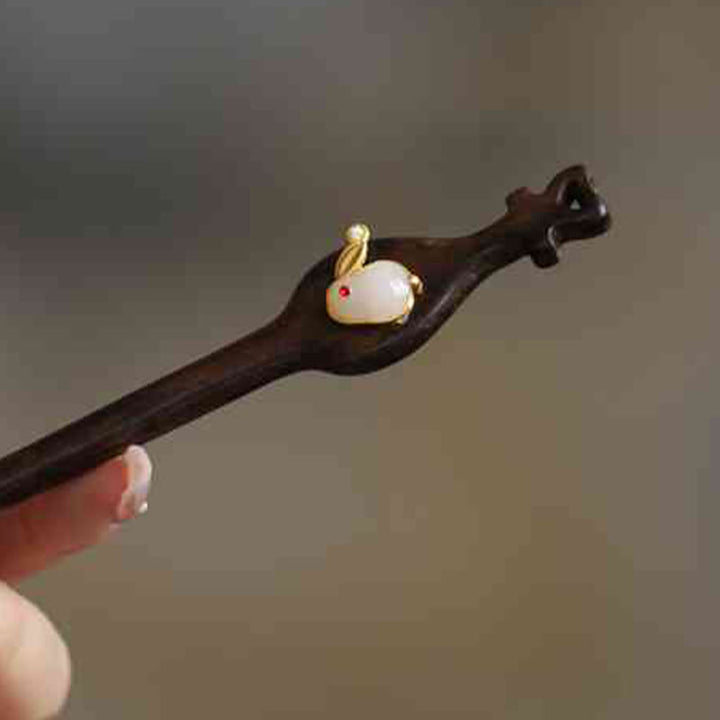 Buddha Stones Auspicious Cloud Sandalwood Rabbit Protection Hairpin - Pipa-Shaped Rabbit White - image 33