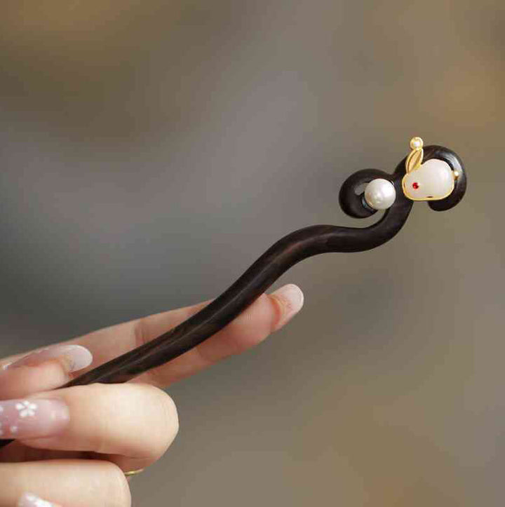 Buddha Stones Auspicious Cloud Sandalwood Rabbit Protection Hairpin - Dawn Rabbit White - image 18