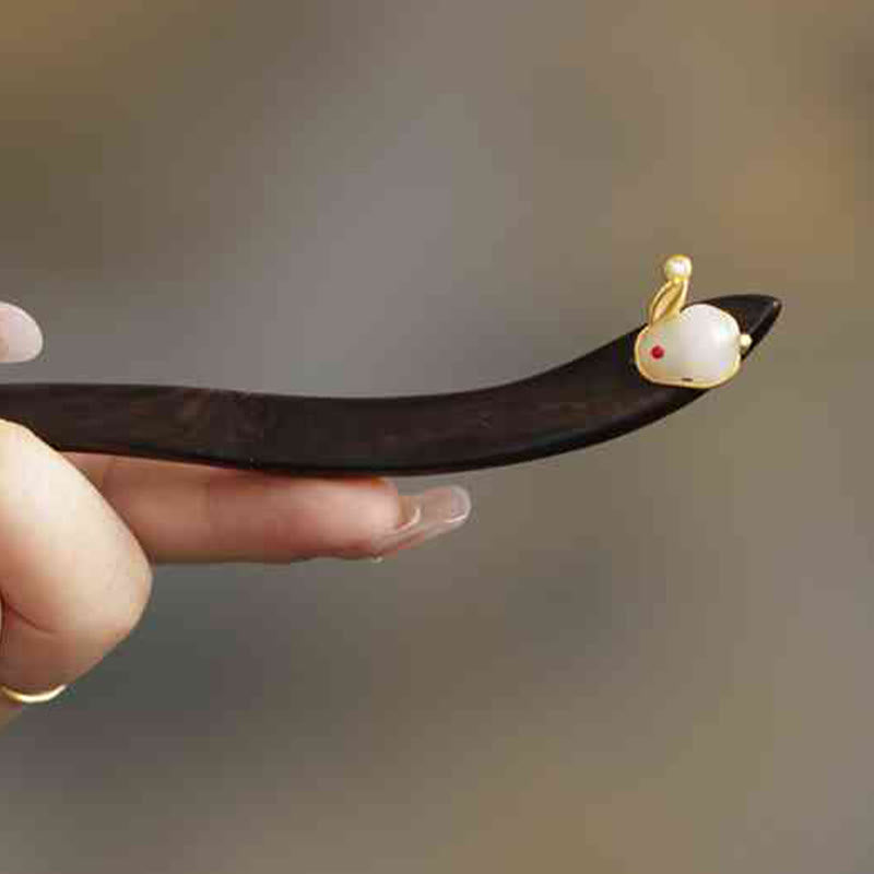 Buddha Stones Auspicious Cloud Sandalwood Rabbit Protection Hairpin - Thoughts Rabbit White - image 21