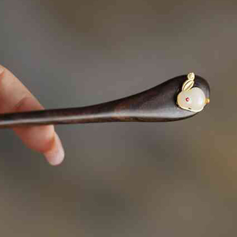 Buddha Stones Auspicious Cloud Sandalwood Rabbit Protection Hairpin - Ancient Style Rabbit White - image 15